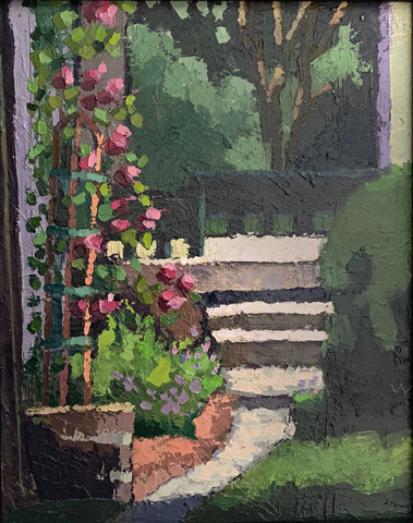 Painting of garden with steps and trellis of roses by Joan Wiberg at Cottage Curator - Sperryville VA Art Gallery