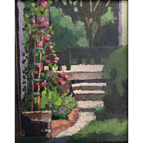 Painting of garden with steps and trellis of roses by Joan Wiberg at Cottage Curator - Sperryville VA Art Gallery