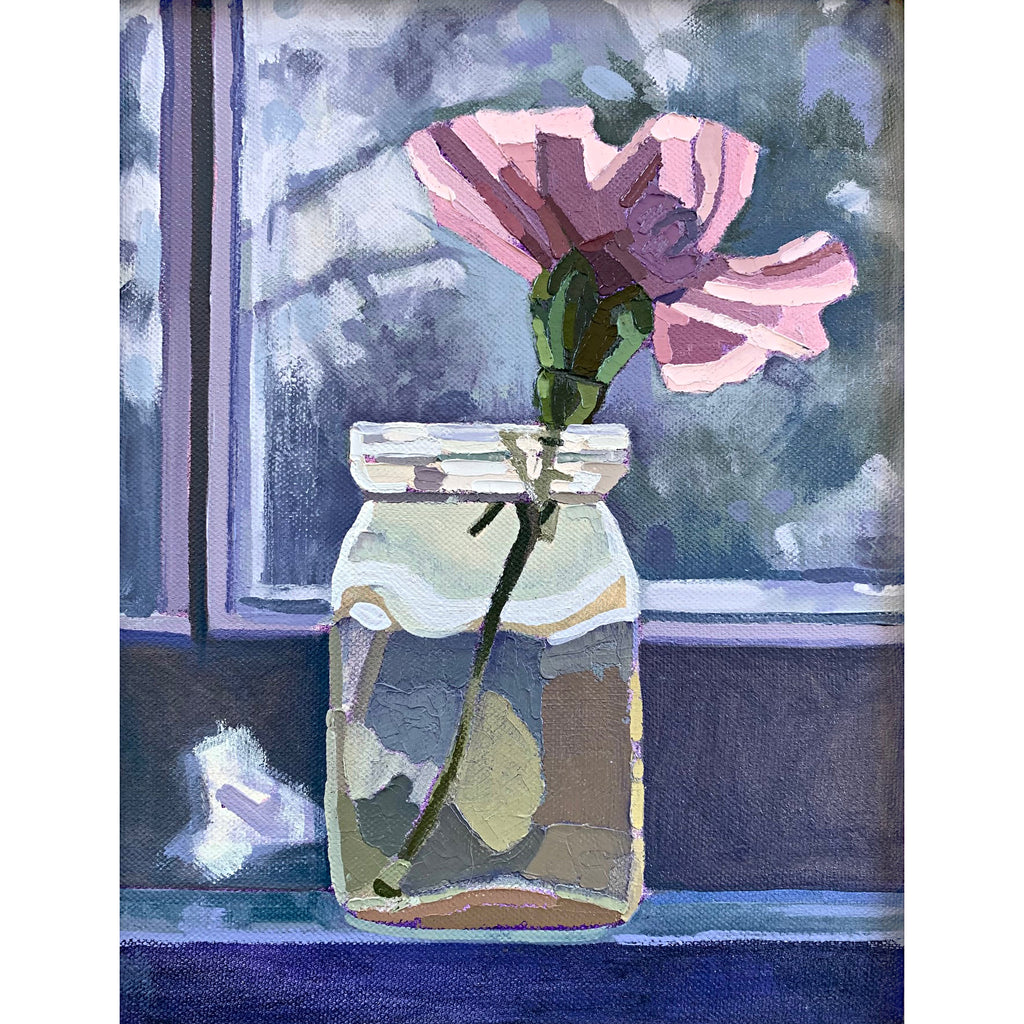 Painting of a pink carnation in a glass vase with gestural brush strokes in front of a window by Joan Wiberg at Cottage Curator - Sperryville VA Art Gallery