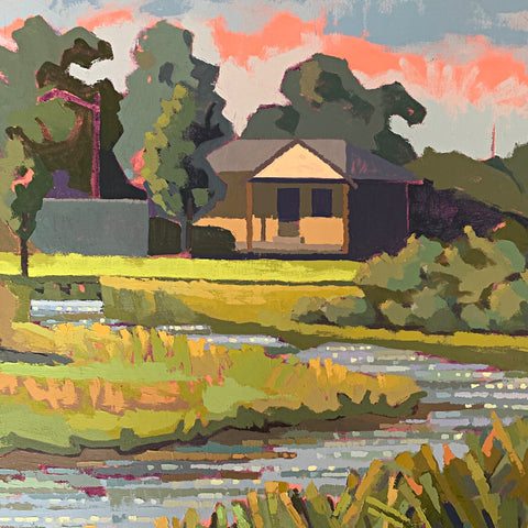 Detail of Landscape of house on a marshy waterway at morning in Chincoteague VA by Joan Wiberg - Cottage Curator - Sperryville VA Art Gallery
