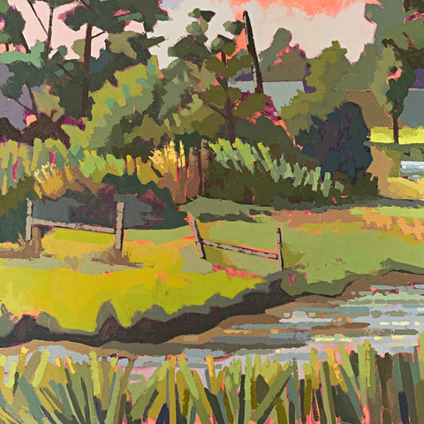 Detail of Landscape of house on a marshy waterway at morning in Chincoteague VA by Joan Wiberg - Cottage Curator - Sperryville VA Art Gallery