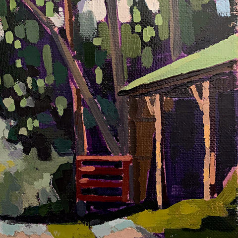 Detail of Landscape painting with stable and road in dark greens, blacks, purples and browns by Joan Wiberg - Cottage Curator - Sperryville VA Art Gallery