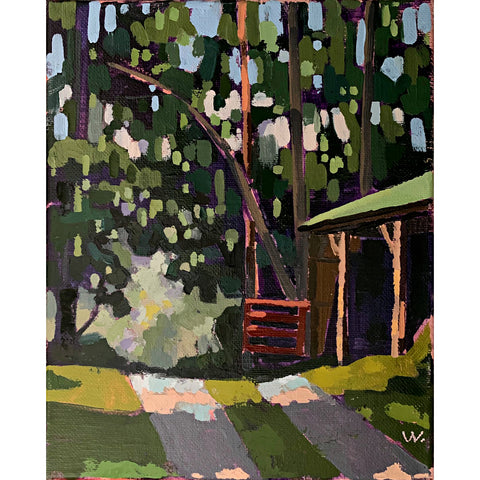 Landscape painting with stable and road in dark greens, blacks, purples and browns by Joan Wiberg - Cottage Curator - Sperryville VA Art Gallery