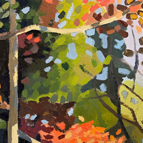 Detail of Painting of a path in the woods on an autumn afternoon in greens, browns and oranges by Joan Wiberg at Cottage Curator - Sperryville VA Art Gallery