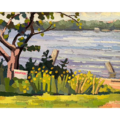 Landscape painting of golden rods along the water with a tree to the left side, by Joan Wiberg, at Cottage Curator - Sperryville VA Art Gallery