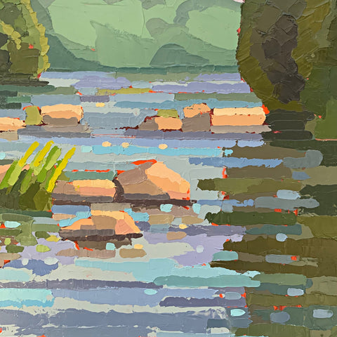 Detail of Landscape painting of river with rocks and surrounding greenery with hills in the background on a late summer morning by Joan Wiberg at Cottage Curator - Sperryville VA Art Gallery