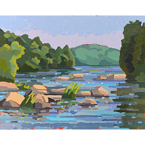 Landscape painting of river with rocks and surrounding greenery with hills in the background on a late summer morning by Joan Wiberg at Cottage Curator - Sperryville VA Art Gallery