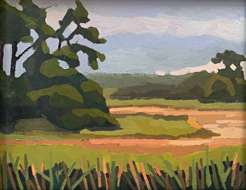 Abstracted landscape painting of marsh morning in greens with blue sky in background by Joan Wiberg at Cottage Curator - Sperryville VA Art Gallery