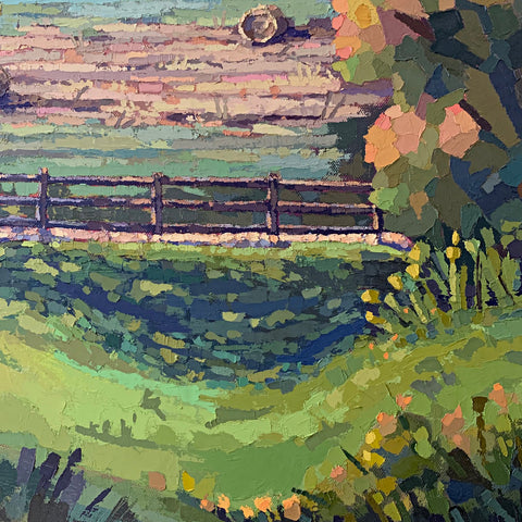 Detail of vertical landscape with trees and fence in the foreground and bales of hay in a field by Joan Wiberg - Cottage Curator - Sperryville VA Art Gallery