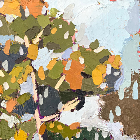 Detail of painting of an October morning with tree by the river in green, orange and blue fall colors by Joan Wiberg at Cottage Curator - Sperryville VA Art Gallery