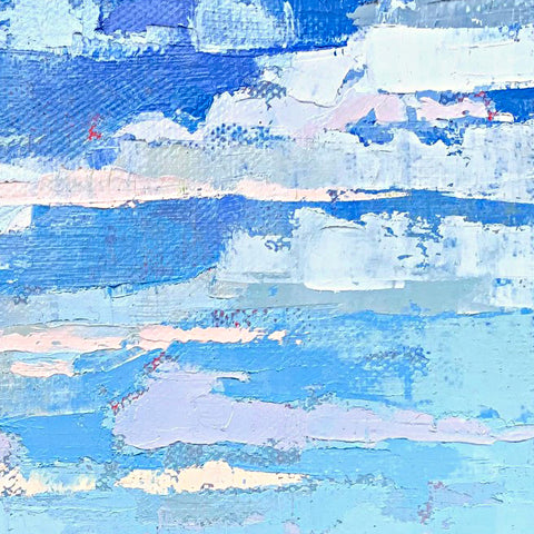 Detail of clouds in landscape painting with red barn and green fields under a blue sky  by Joan Wiberg at Cottage Curator - Sperryville VA