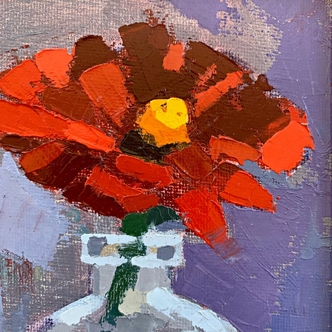 Detail of Painting of an orange zinnia in a glass vase with gestural brush strokes by Joan Wiberg at Cottage Curator - Sperryville VA Art Gallery