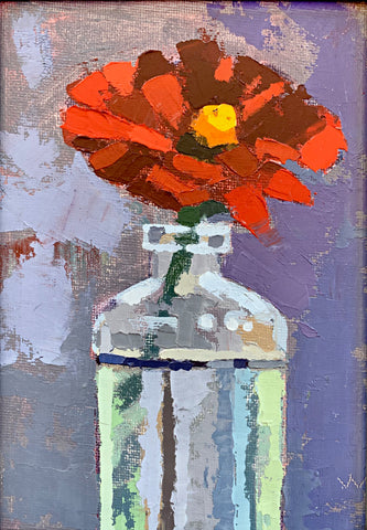 Painting of an orange zinnia in a glass vase with gestural brush strokes by Joan Wiberg at Cottage Curator - Sperryville VA Art Gallery