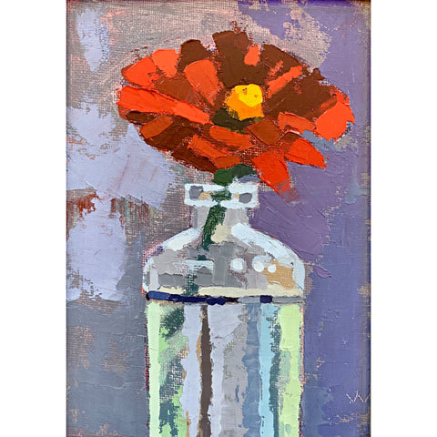 Painting of an orange zinnia in a glass vase with gestural brush strokes by Joan Wiberg at Cottage Curator - Sperryville VA Art Gallery