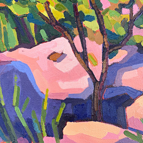 Landscape with rocks, trees, grass and mountains in green, blue, purple, and pink by Joan Wiberg at Cottage Curator - Sperryville VA Art Gallery