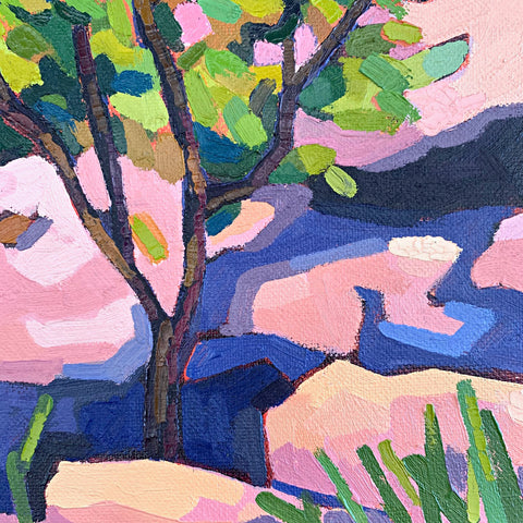 Landscape with rocks, trees, grass and mountains in green, blue, purple, and pink by Joan Wiberg at Cottage Curator - Sperryville VA Art Gallery