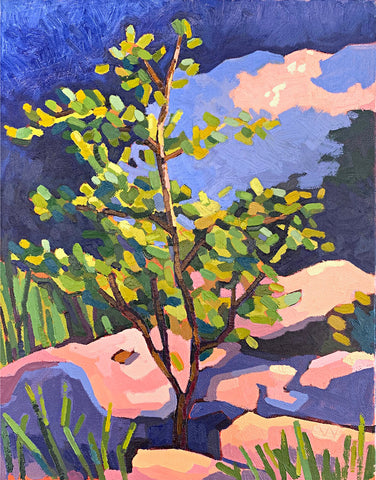 Landscape with rocks, trees, grass and mountains in green, blue, purple, and pink by Joan Wiberg at Cottage Curator - Sperryville VA Art Gallery