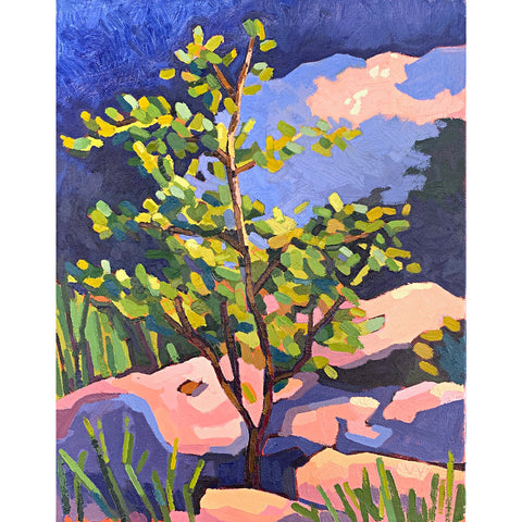 Landscape with rocks, trees, grass and mountains in green, blue, purple, and pink by Joan Wiberg at Cottage Curator - Sperryville VA Art Gallery