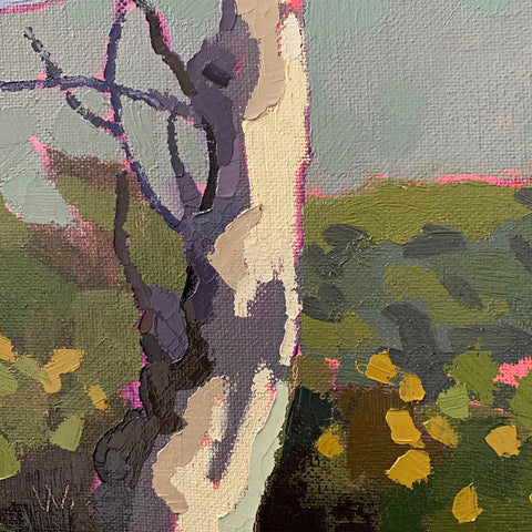 Detail of Vertical painting of a bare-branched tree in the center with pink highlights and a scenic overlook in blues and greens in the background by Joan Wiberg - Cottage Curator - Sperryville VA Art Gallery