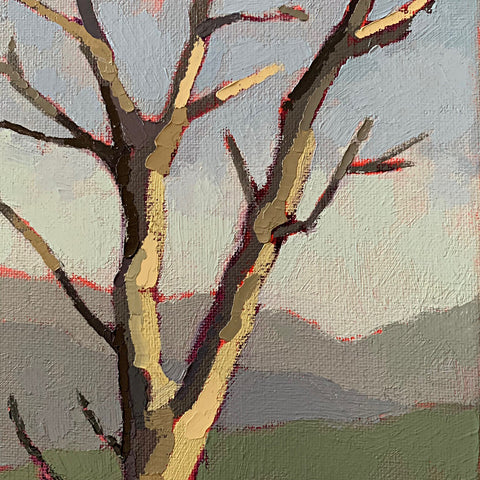 Detail of Vertical painting of a bare-branched tree in the center with pink highlights and a scenic overlook in blues and greens in the background by Joan Wiberg - Cottage Curator - Sperryville VA Art Gallery