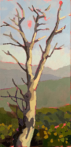 Vertical painting of a bare-branched tree in the center with pink highlights and a scenic overlook in blues and greens in the background by Joan Wiberg - Cottage Curator - Sperryville VA Art Gallery