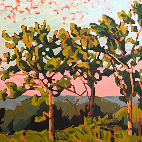 Detail of Landscape painting of a September morning with trees in warm light and pink skies by Joan Wiberg at Cottage Curator - Sperryville VA Art Gallery
