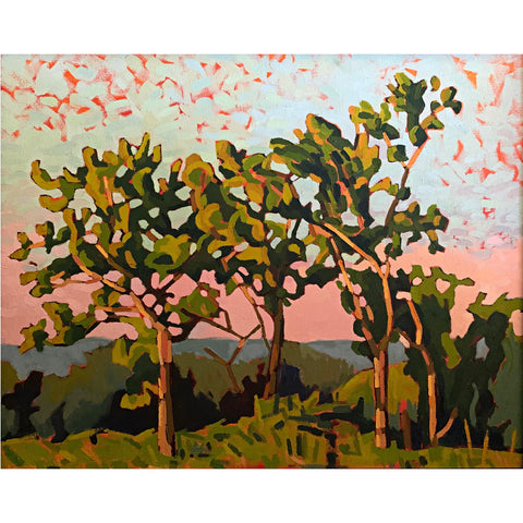 Landscape painting of a September morning with trees in warm light and pink skies by Joan Wiberg at Cottage Curator - Sperryville VA Art Gallery