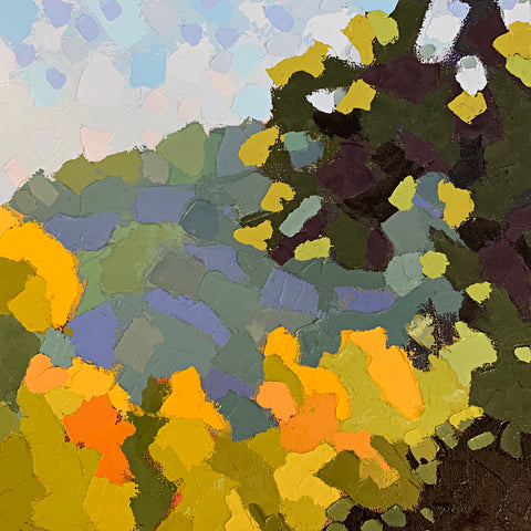 Detail of Landscape of Shenandoah River with gold and green foliage trees on the shore and reflected in the water by Joan Wiberg at Cottage Curator - Sperryville VA Art Gallery