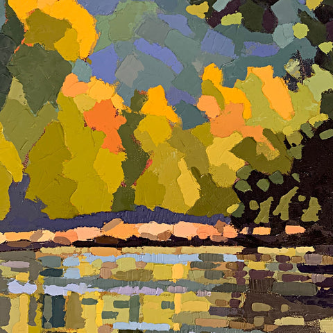 Detail of Landscape of Shenandoah River with gold and green foliage trees on the shore and reflected in the water by Joan Wiberg at Cottage Curator - Sperryville VA Art Gallery