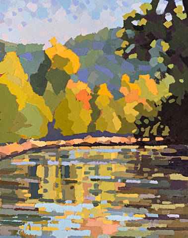 Landscape of Shenandoah River with gold and green foliage trees on the shore and reflected in the water by Joan Wiberg at Cottage Curator - Sperryville VA Art Gallery