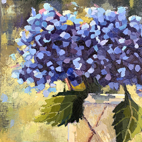 Still life painting with blue hydrangea in vase and peach on blue tablecloth by Joan Wiberg at Cottage Curator - Sperryville VA Art Gallery