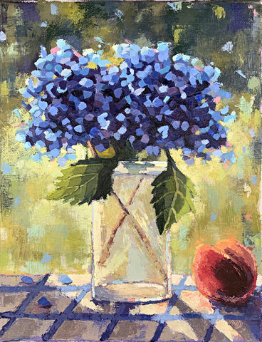 Still life painting with blue hydrangea in vase and peach on blue tablecloth by Joan Wiberg at Cottage Curator - Sperryville VA Art Gallery