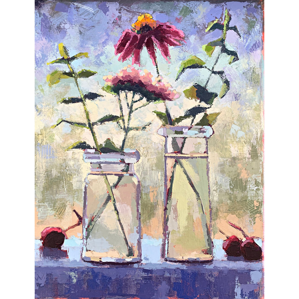 Still life painting of vases of flowers and cherries on window sill in summer sunlight by Joan Wiberg at Cottage Curator - Sperryville VA Art Gallery