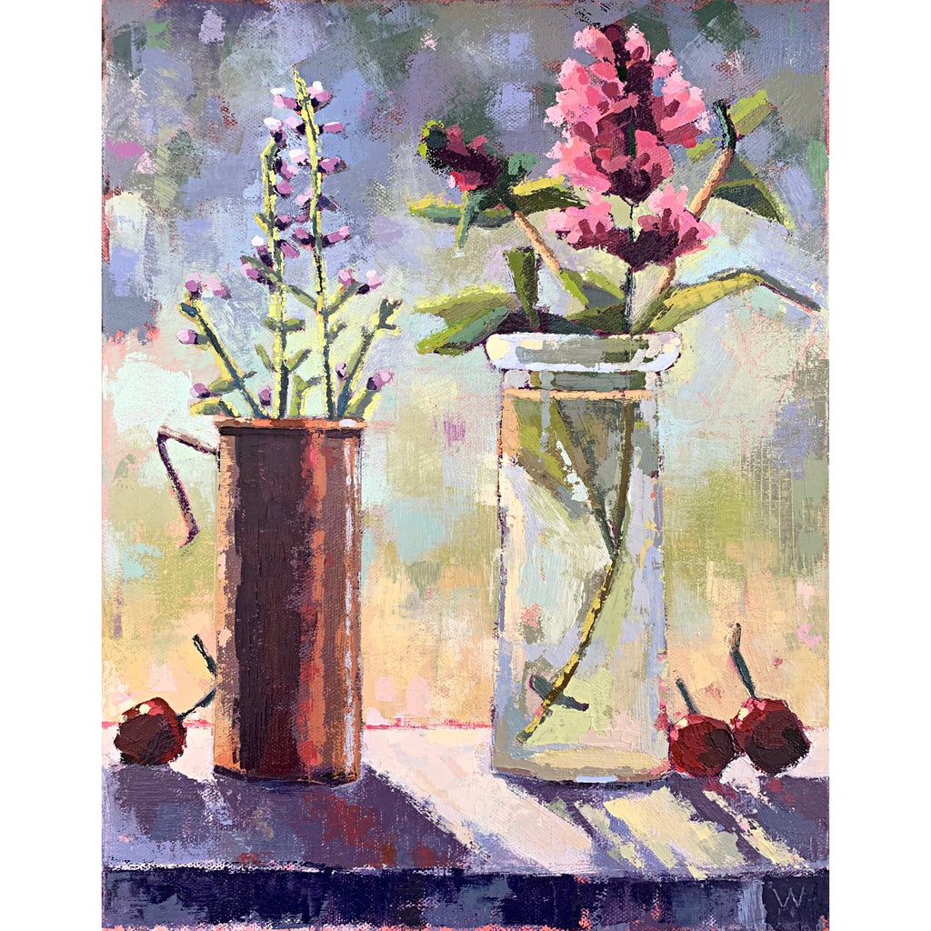 Still life painting of vases of pink flowers and cherries on window sill in summer sunlight by Joan Wiberg at Cottage Curator - Sperryville VA Art Gallery