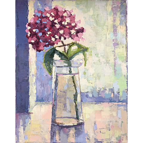 Still life painting of pink hydrangea in vase in blues and pinks by Joan Wiberg at Cottage Curator - Sperryville VA Art Gallery