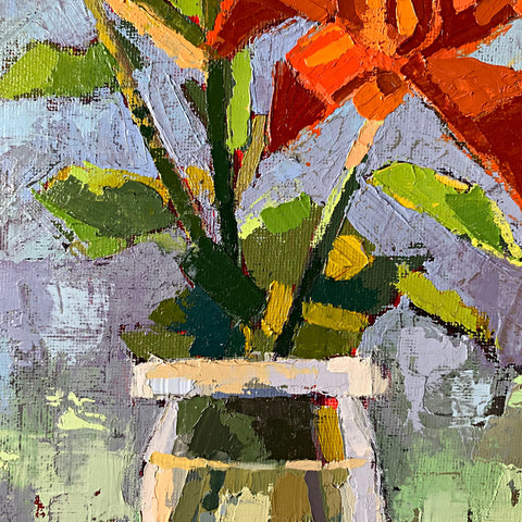 Detail of flower in Still life painting of bright orange tiger lily in a vase on a window sill with abstract pastel background by Joan Wiberg at Cottage Curator - Sperryville VA Art Gallery