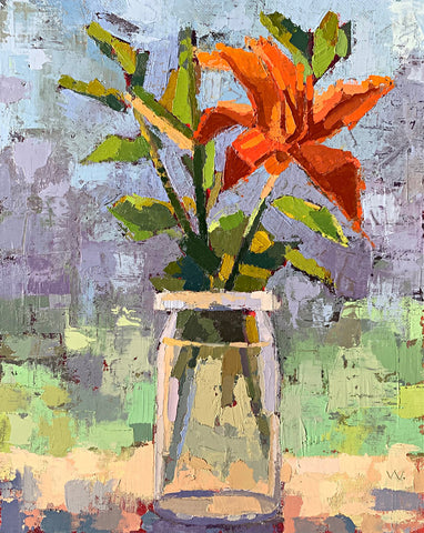 Still life painting of bright orange tiger lily in a vase on a window sill with abstract pastel background by Joan Wiberg at Cottage Curator - Sperryville VA Art Gallery