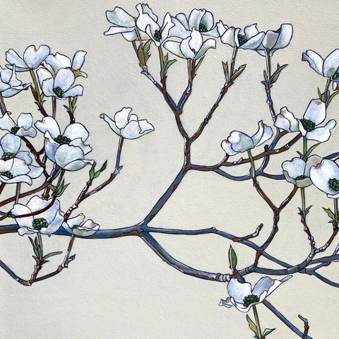 Detail of Painting of redbud and dogwood branch against white background by Frances Coates at Cottage Curator - Sperryville VA Art Gallery