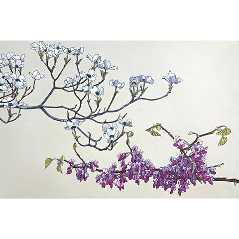 Painting of redbud and dogwood branch against white background by Frances Coates at Cottage Curator - Sperryville VA Art Gallery