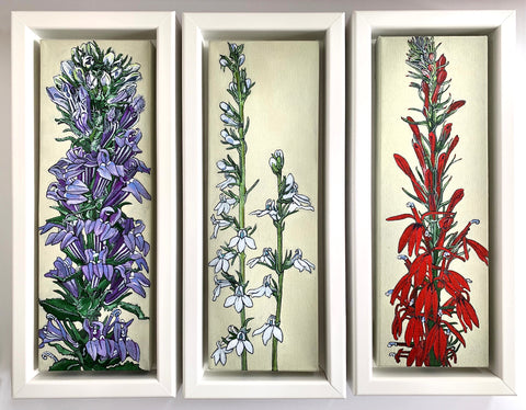 Triptych with paintings of Great Blue Lobelia, Pale-Spike Lobelia & Cardinal Flower by Frances Coates at Cottage Curator - Sperryville VA Art Gallery