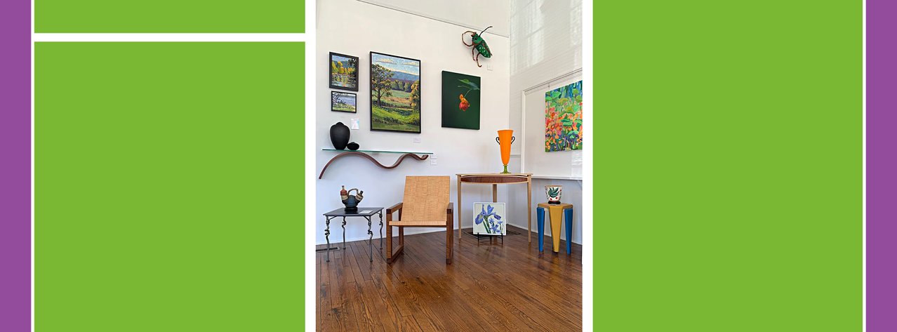 Gallery view featuring paintings, furniture, photographs and sculpture