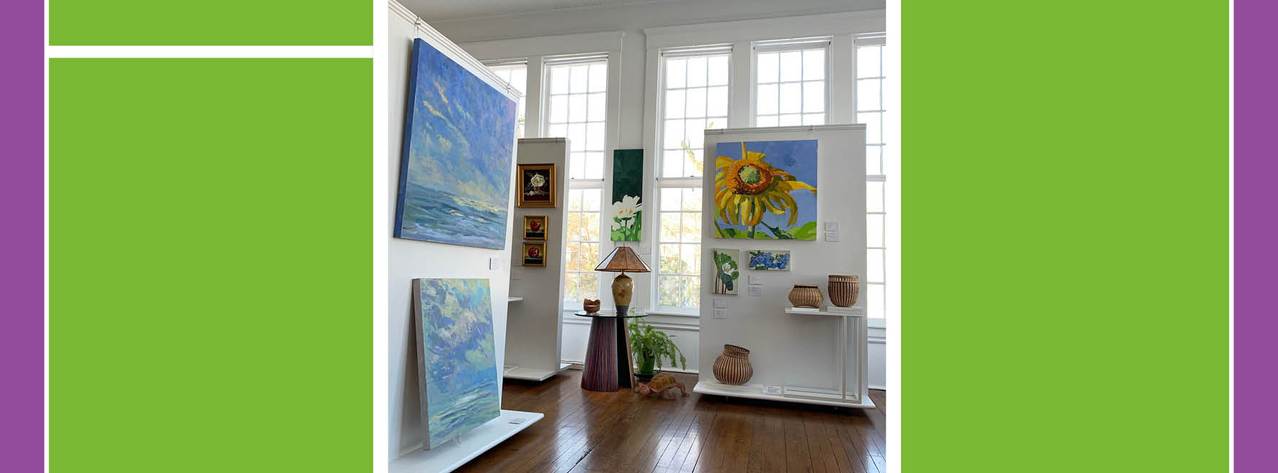 Gallery view featuring paintings, baskets, ceramics, sculpture, and furniture